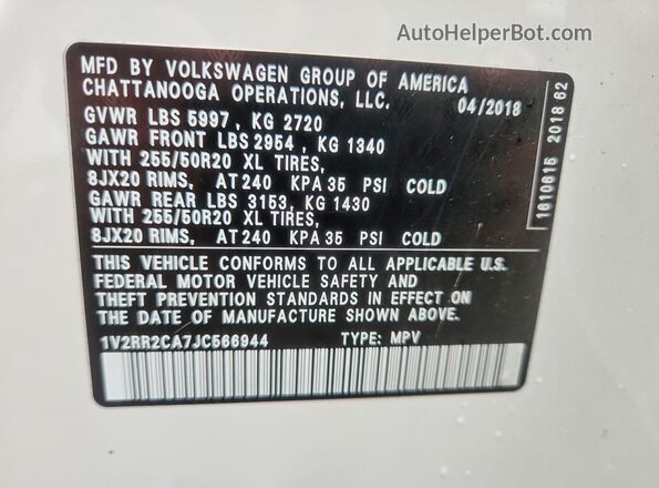 1V2RR2CA7JC566944 2018 VOLKSWAGEN ATLAS Белый Панорамный вид салона 360°