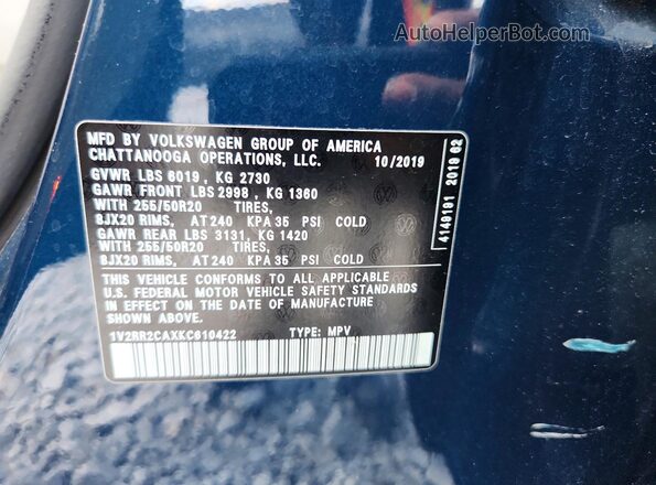 1V2RR2CAXKC610422 2019 VOLKSWAGEN ATLAS Blue Вид наклейки з VIN-кодом