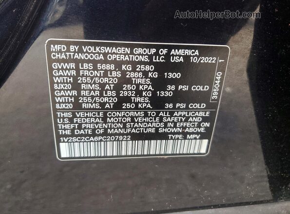 1V2SC2CA6PC207922 2023 VOLKSWAGEN ATLAS Черный Вид наклейки с VIN-кодом