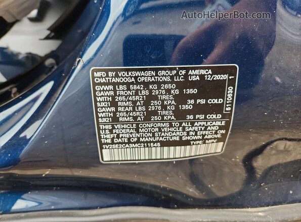 1V2SE2CA3MC211545 2021 VOLKSWAGEN ATLAS Blue Շարժիչի բաժամունքի տեսք