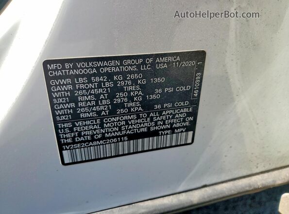 1V2SE2CA8MC206115 2021 VOLKSWAGEN ATLAS White VIN sticker view