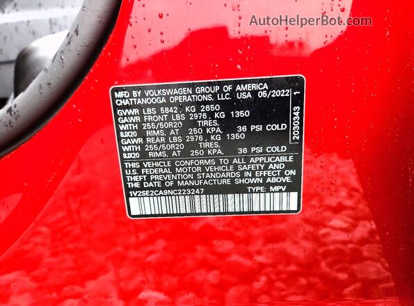 1V2SE2CA9NC223247 2022 VOLKSWAGEN ATLAS Red VIN կոդի պիտակի տեսք