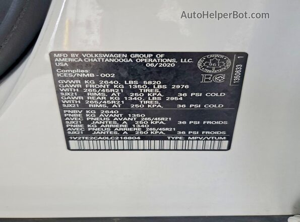1V2TE2CA0LC216804 2020 VOLKSWAGEN ATLAS White Vista de la etiqueta del VIN