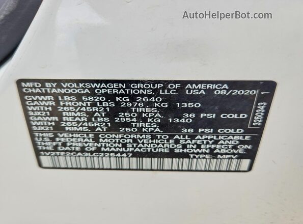 1V2TE2CA3LC225447 2020 VOLKSWAGEN ATLAS White Սալոնի 360 աստիճան տեսք