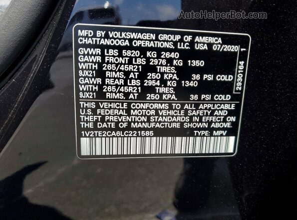 1V2TE2CA6LC221585 2020 VOLKSWAGEN ATLAS Черный Вид подкапотного пространства