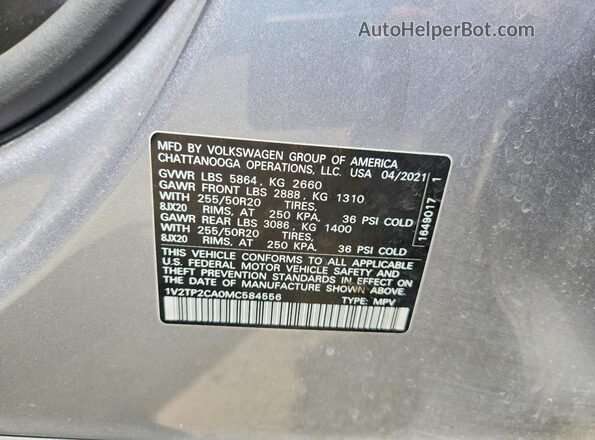 1V2TP2CA0MC584556 2021 VOLKSWAGEN ATLAS Gray Widok naklejki z numerem VIN