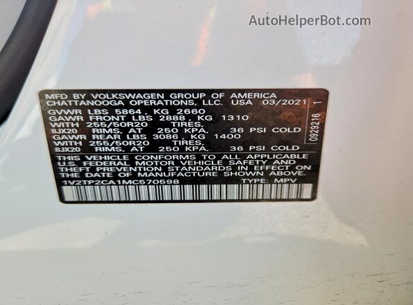 1V2TP2CA1MC570598 2021 VOLKSWAGEN ATLAS White VIN sticker view