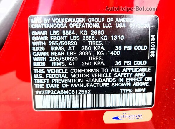 1V2TP2CA6MC512552 2021 VOLKSWAGEN ATLAS Red Панорамний вид салону 360°