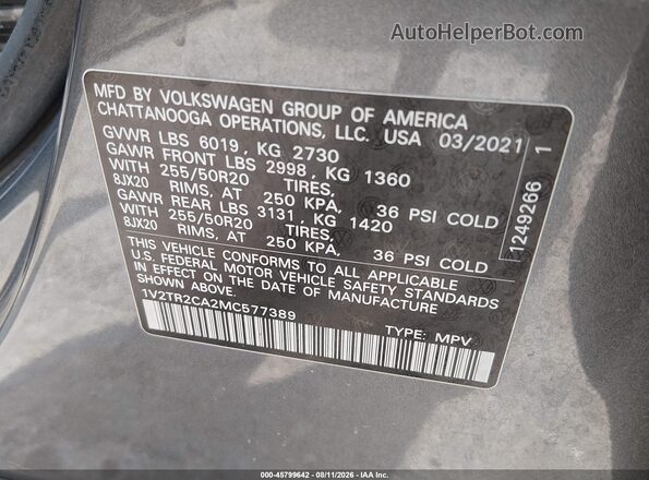1V2TR2CA2MC577389 2021 VOLKSWAGEN ATLAS Gray Vista del compartimento del motor