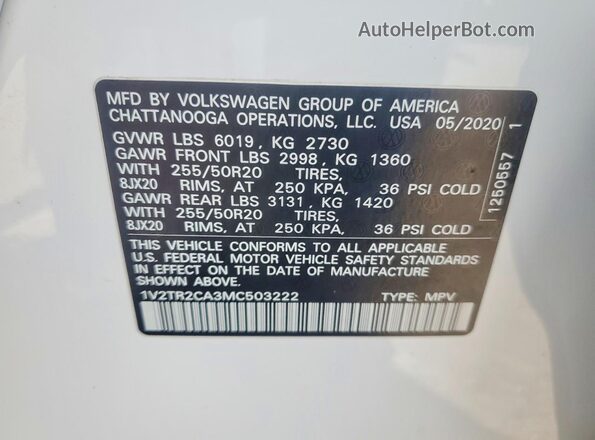 1V2TR2CA3MC503222 2021 VOLKSWAGEN ATLAS White VIN კოდის სტიკერის ხედი