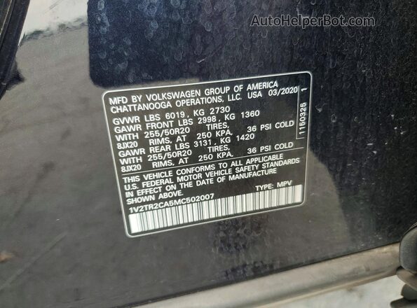 1V2TR2CA5MC502007 2021 VOLKSWAGEN ATLAS Черный Вид наклейки с VIN-кодом