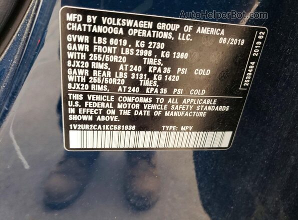 1V2UR2CA1KC581936 2019 VOLKSWAGEN ATLAS Синий Вид наклейки с VIN-кодом