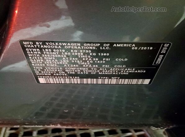 1V2UR2CA2KC575160 2019 VOLKSWAGEN ATLAS Gray Vista de la etiqueta del VIN