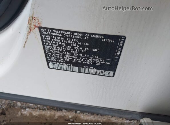 1V2UR2CA6KC560063 2019 VOLKSWAGEN ATLAS Белый Вид подкапотного пространства