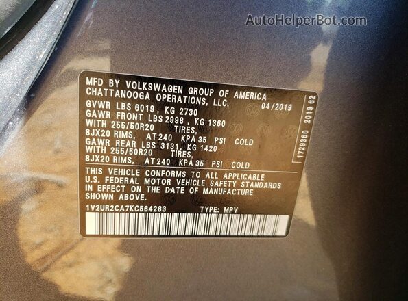 1V2UR2CA7KC564283 2019 VOLKSWAGEN ATLAS Gray VIN sticker view