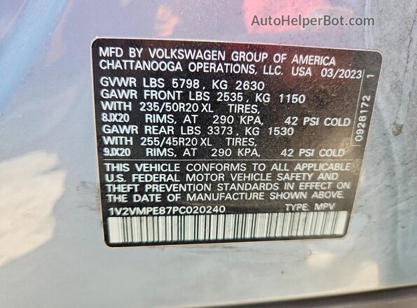 1V2VMPE87PC020240 2023 VOLKSWAGEN ID.4 Gray VIN կոդի պիտակի տեսք