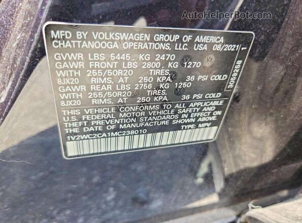 1V2WC2CA1MC238010 2021 VOLKSWAGEN ATLAS Black Vista de la etiqueta del VIN