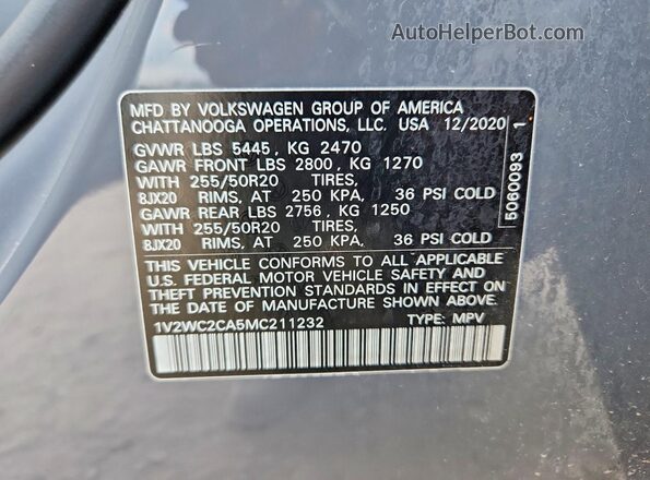1V2WC2CA5MC211232 2021 VOLKSWAGEN ATLAS Gray Widok wnętrza 360 stopni