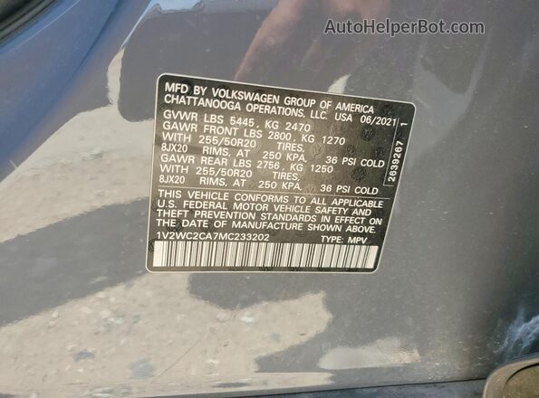 1V2WC2CA7MC233202 2021 VOLKSWAGEN ATLAS Gray Вид наклейки з VIN-кодом