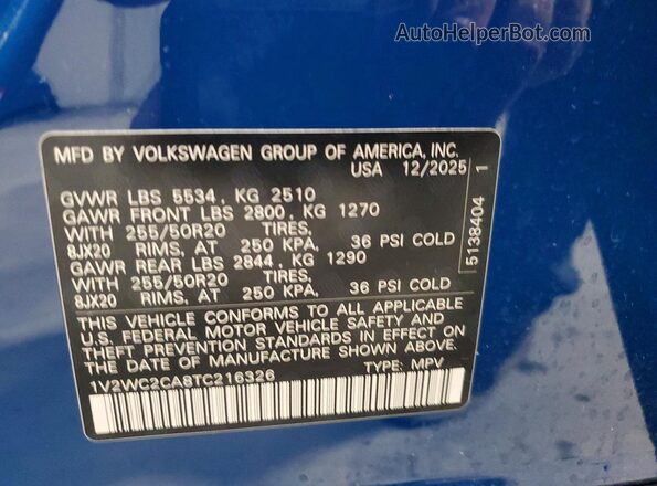 1V2WC2CA8TC216326 2026 VOLKSWAGEN ATLAS Blue Вид наклейки з VIN-кодом