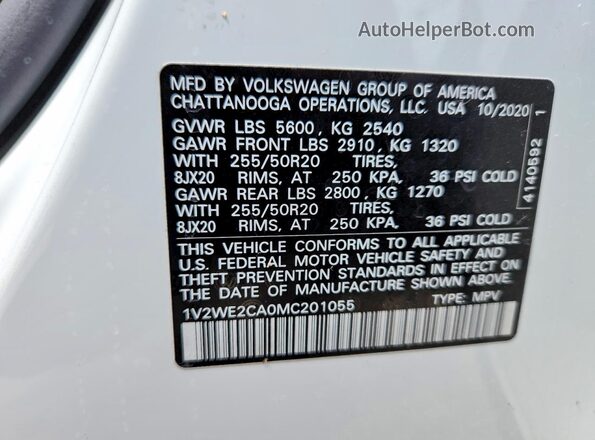 1V2WE2CA0MC201055 2021 VOLKSWAGEN ATLAS White VIN sticker view