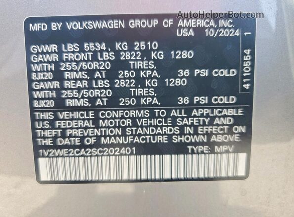 1V2WE2CA2SC202401 2025 VOLKSWAGEN ATLAS Silver Widok naklejki z numerem VIN