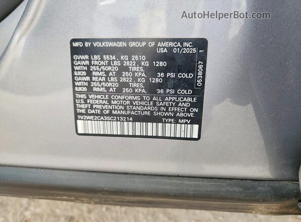 1V2WE2CA3SC213214 2025 VOLKSWAGEN ATLAS Серебряный Вид наклейки с VIN-кодом