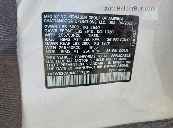 1V2WE2CA8NC217232 2022 VOLKSWAGEN ATLAS White Engine compartment view