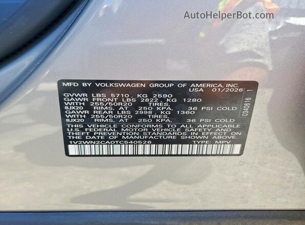 1V2WN2CA0TC540526 2026 VOLKSWAGEN ATLAS Gray VIN sticker view