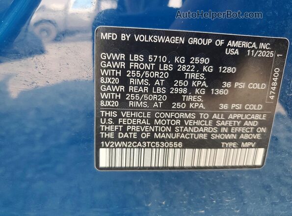 1V2WN2CA3TC530556 2026 VOLKSWAGEN ATLAS Blue Vista de la etiqueta del VIN