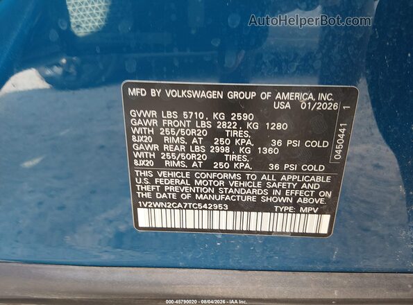 1V2WN2CA7TC542953 2026 VOLKSWAGEN ATLAS Blue ძრავის განყოფილების ხედი