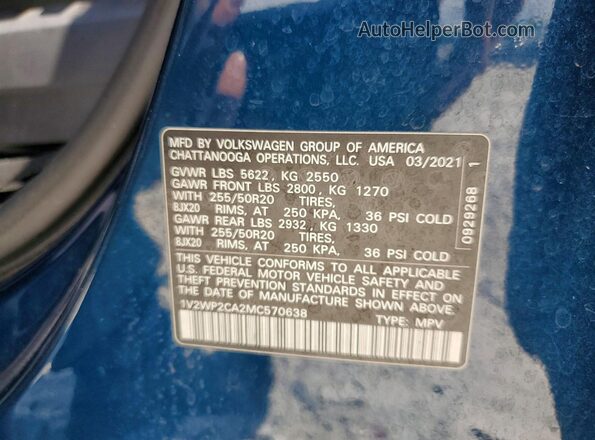1V2WP2CA2MC570638 2021 VOLKSWAGEN ATLAS Blue Vista de la etiqueta del VIN