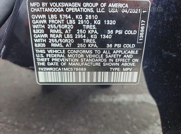 1V2WR2CA1MC578689 2021 VOLKSWAGEN ATLAS Black VIN კოდის სტიკერის ხედი