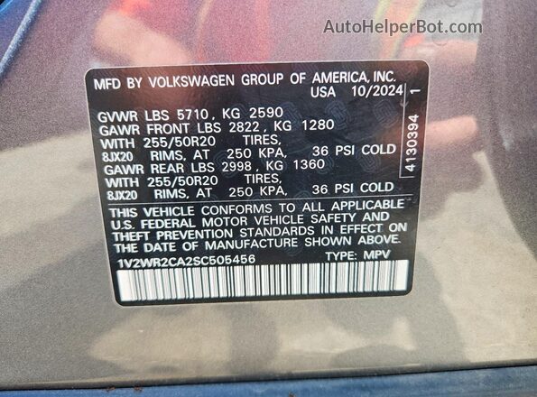 1V2WR2CA2SC505456 2025 VOLKSWAGEN ATLAS Серый Вид наклейки с VIN-кодом