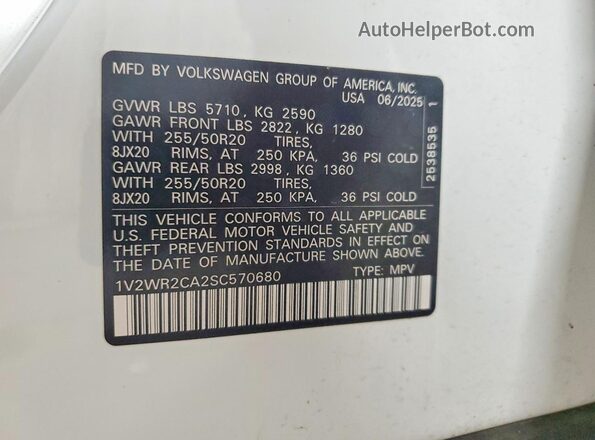 1V2WR2CA2SC570680 2025 VOLKSWAGEN ATLAS White 360 interior view