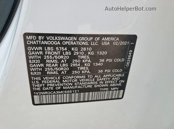 1V2WR2CA3MC565121 2021 VOLKSWAGEN ATLAS White VIN կոդի պիտակի տեսք