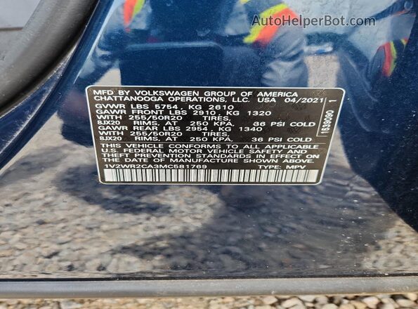 1V2WR2CA3MC581769 2021 VOLKSWAGEN ATLAS Blue VIN կոդի պիտակի տեսք
