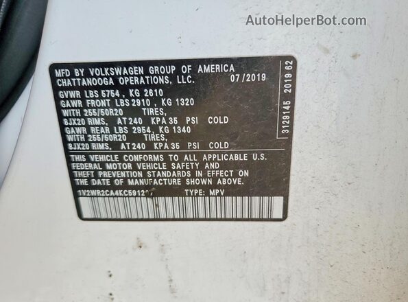 1V2WR2CA4KC591207 2019 VOLKSWAGEN ATLAS White სალონის 360-გრადუსიანი ხედი