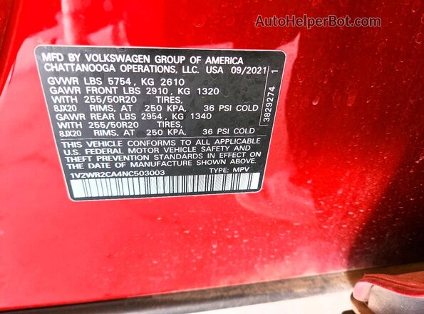 1V2WR2CA4NC503003 2022 VOLKSWAGEN ATLAS Maroon VIN კოდის სტიკერის ხედი