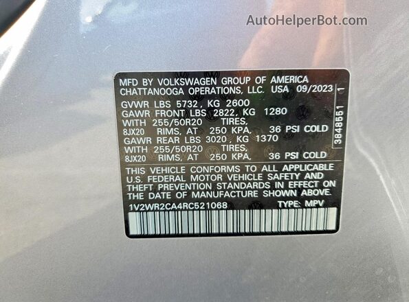 1V2WR2CA4RC521068 2024 VOLKSWAGEN ATLAS Серебряный Панорамный вид салона 360°