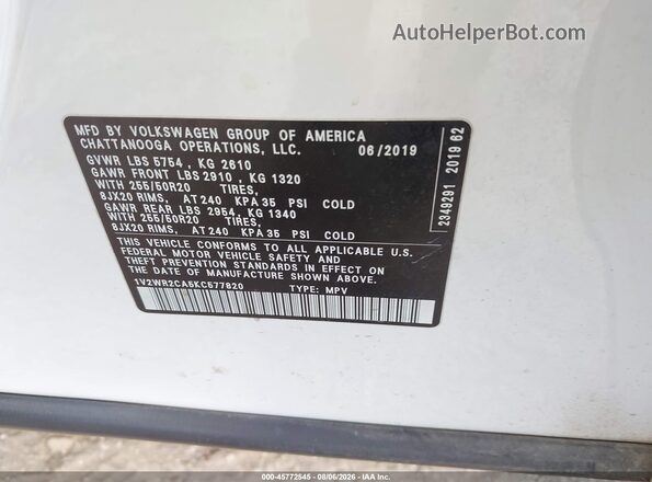 1V2WR2CA5KC577820 2019 VOLKSWAGEN ATLAS Белый Вид подкапотного пространства