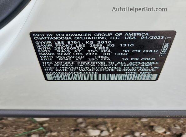 1V2WR2CA5PC549958 2023 VOLKSWAGEN ATLAS White VIN კოდის სტიკერის ხედი