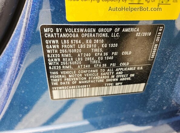1V2WR2CA6KC540811 2019 VOLKSWAGEN ATLAS Blue Vista de la etiqueta del VIN