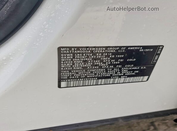 1V2WR2CA6KC572299 2019 VOLKSWAGEN ATLAS Белый Вид наклейки с VIN-кодом