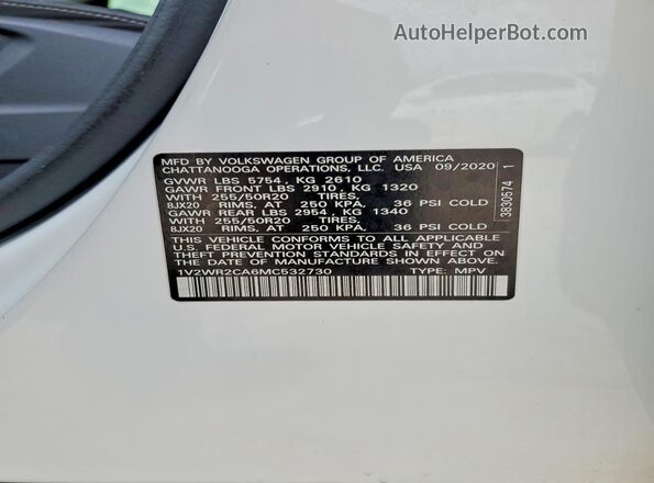 1V2WR2CA6MC532730 2021 VOLKSWAGEN ATLAS White VIN կոդի պիտակի տեսք