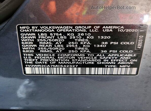 1V2WR2CA7MC542327 2021 VOLKSWAGEN ATLAS Gray VIN კოდის სტიკერის ხედი
