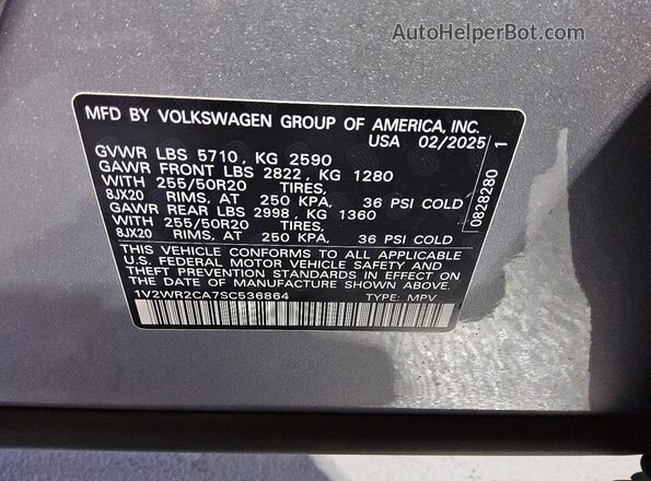 1V2WR2CA7SC536864 2025 VOLKSWAGEN ATLAS Silver Вид наклейки з VIN-кодом