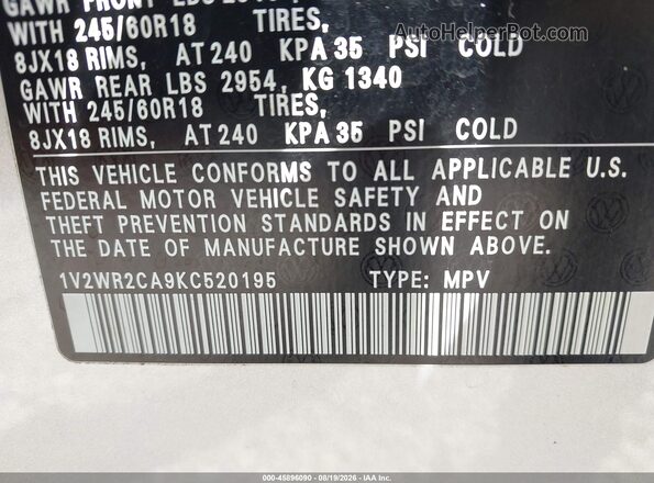1V2WR2CA9KC520195 2019 VOLKSWAGEN ATLAS Silver Vista del compartimento del motor