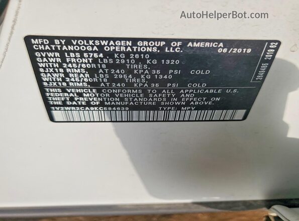 1V2WR2CA9KC584639 2019 VOLKSWAGEN ATLAS White VIN კოდის სტიკერის ხედი