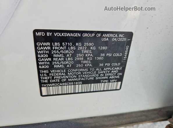 1V2WR2CA9SC551835 2025 VOLKSWAGEN ATLAS White Вид наклейки з VIN-кодом